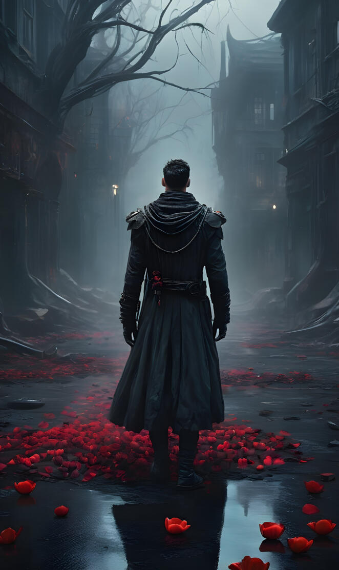 a person standing in fog with flowers on the ground