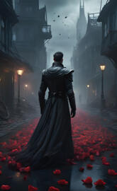 a person in a black dress walking in a street with red rose petals