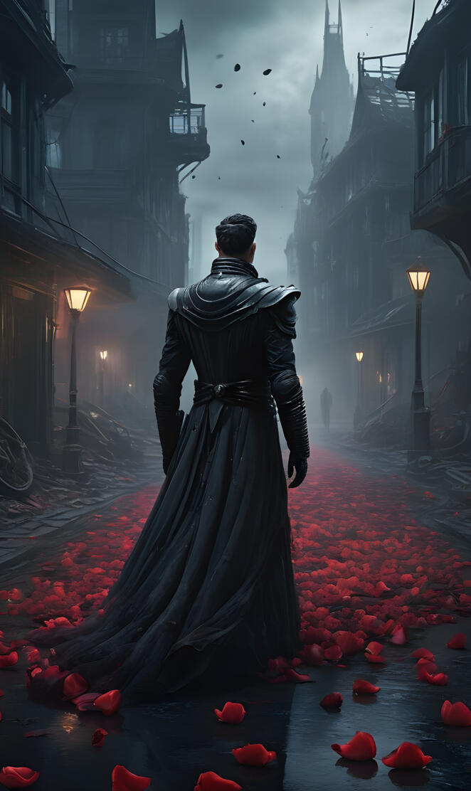 a person in a black dress walking in a street with red rose petals