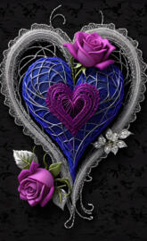 magenta, blue and purple lace heart with roses
