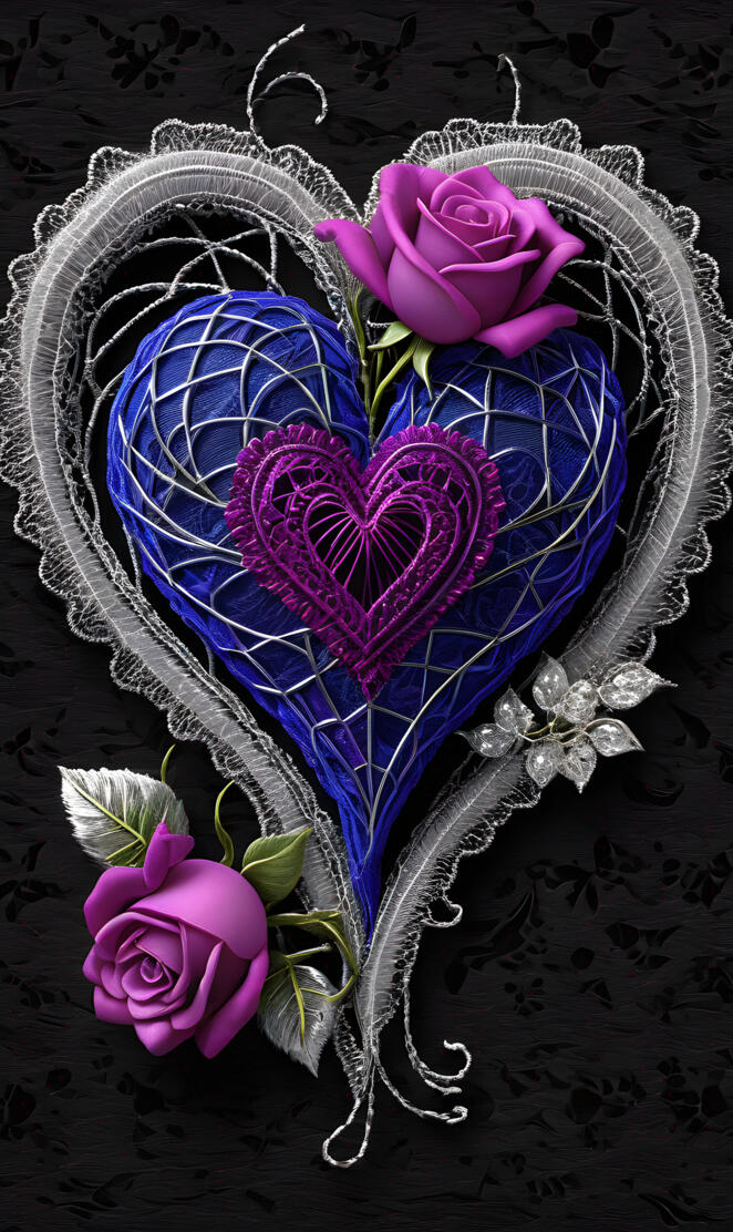 magenta, blue and purple lace heart with roses