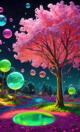 a tree with balloons in the air