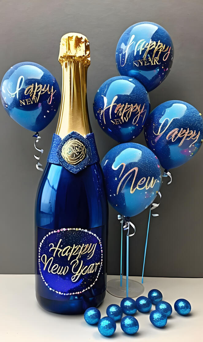 a bottle of champagne with blue balloons