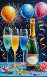 a bottle and glasses of champagne