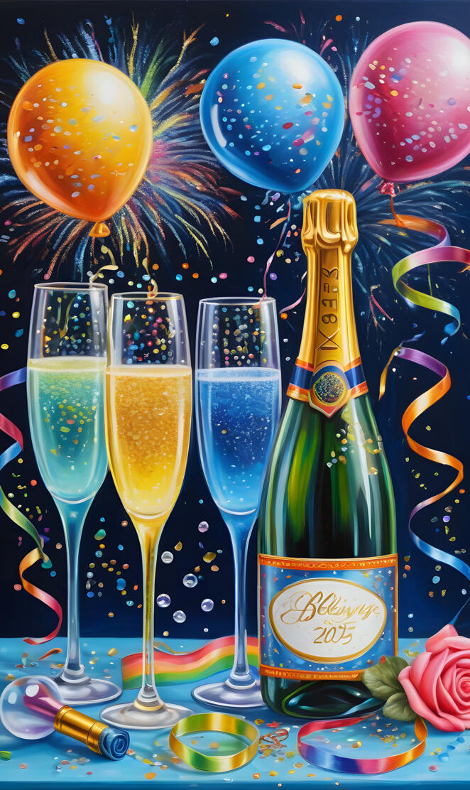 a bottle and glasses of champagne