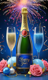 a bottle of champagne and glasses