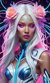 Daniela Braga with pink hair and flowers on her head