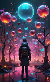 a person standing in front of a wall of balloons