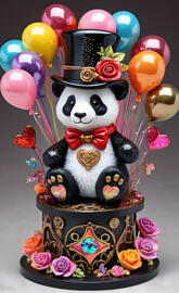 a cake with a panda bear and flowers on it