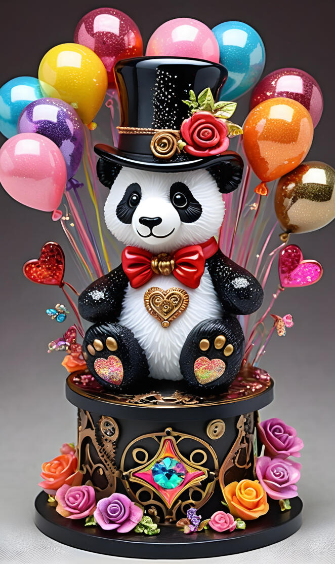 a cake with a panda bear and flowers on it