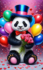 a stuffed panda bear wearing a hat and holding a bouquet of flowers