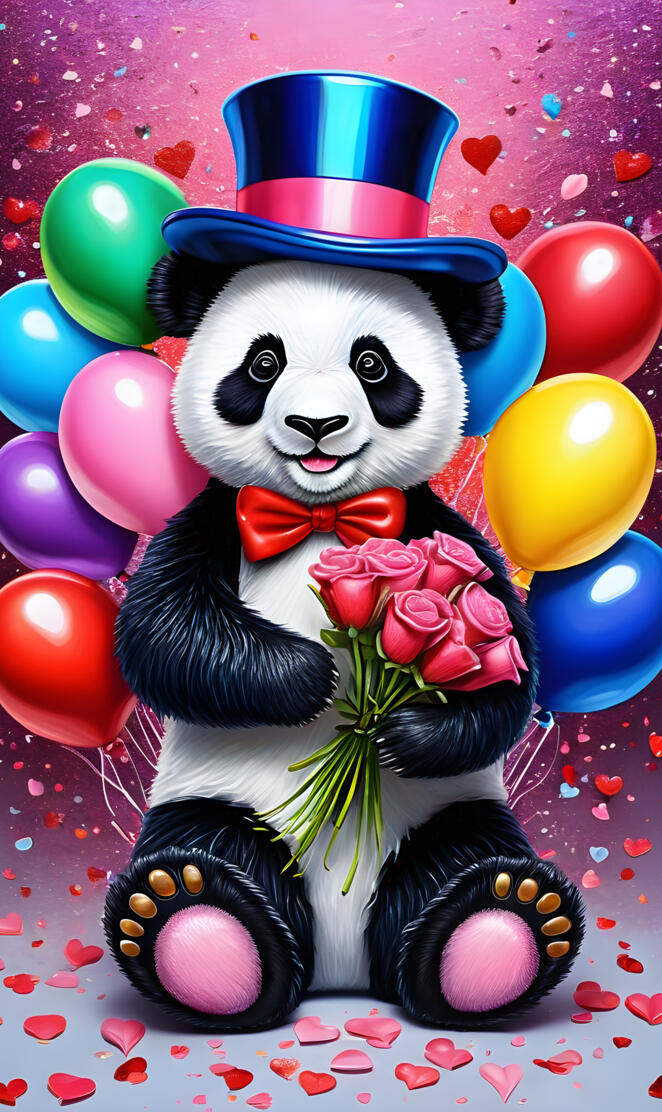 a stuffed panda bear wearing a hat and holding a bouquet of flowers
