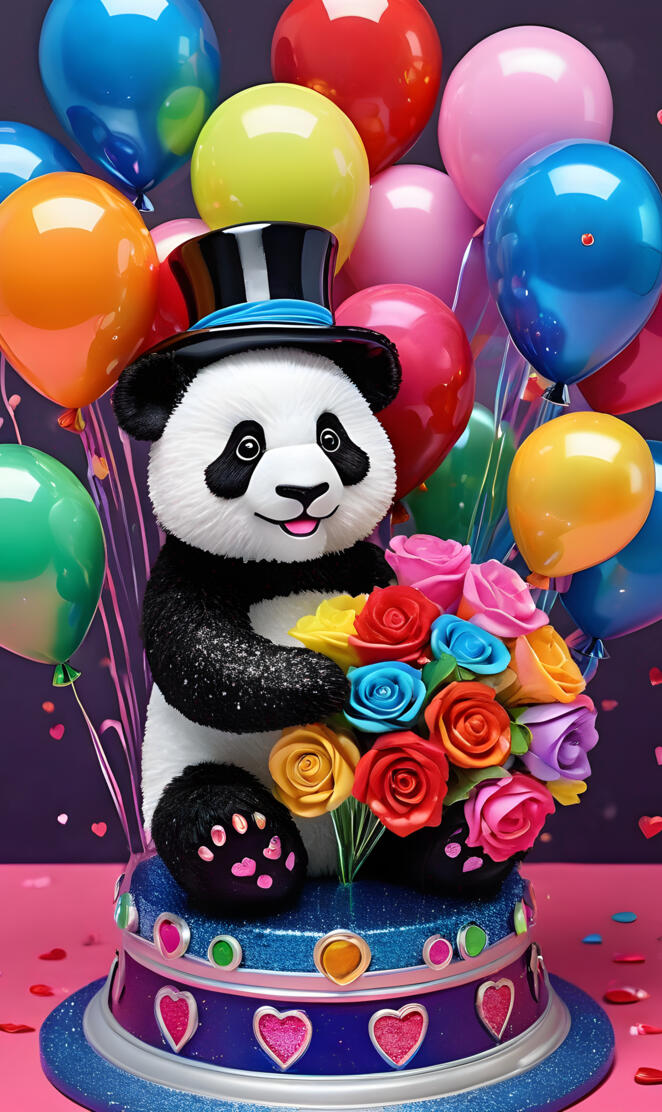 a cake with a bear and balloons