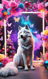 a dog sitting on a stage with flowers and candles