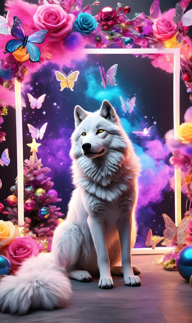 a dog sitting on a stage with flowers and candles