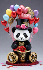 a stuffed panda holding a bouquet of flowers