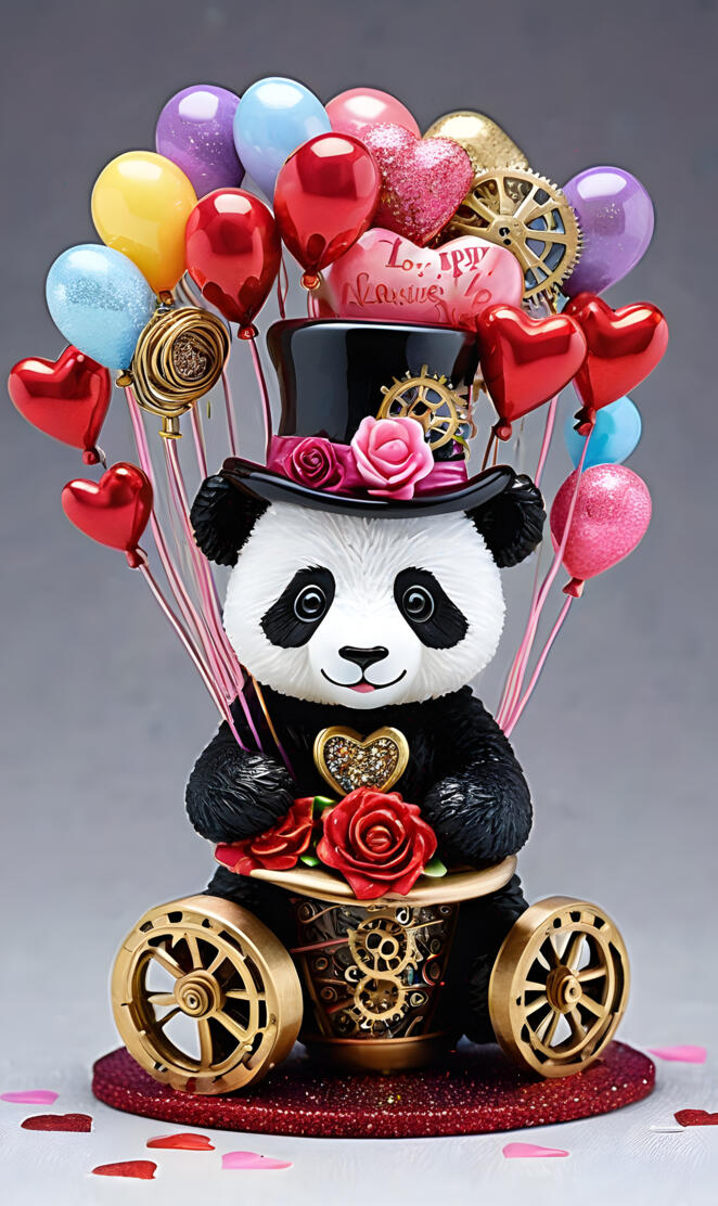 a stuffed panda holding a bouquet of flowers