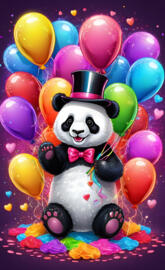 a stuffed panda bear wearing a hat and holding balloons