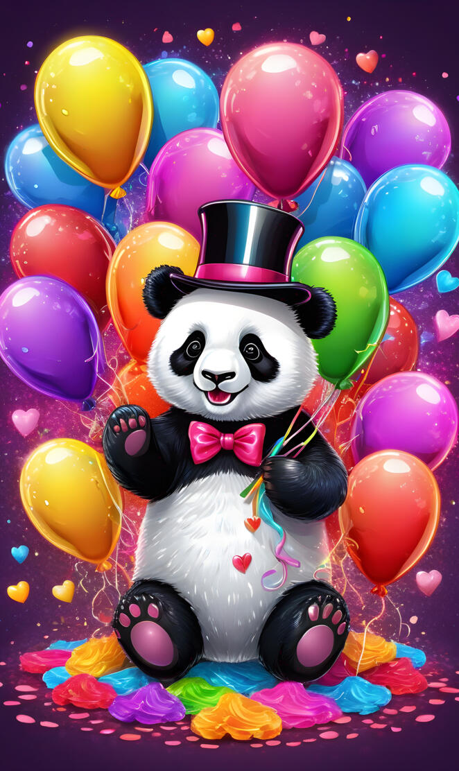 a stuffed panda bear wearing a hat and holding balloons