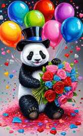 a stuffed panda wearing a hat and holding a bouquet of flowers
