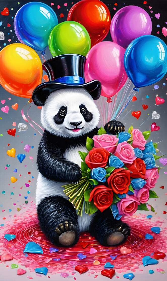 a stuffed panda wearing a hat and holding a bouquet of flowers