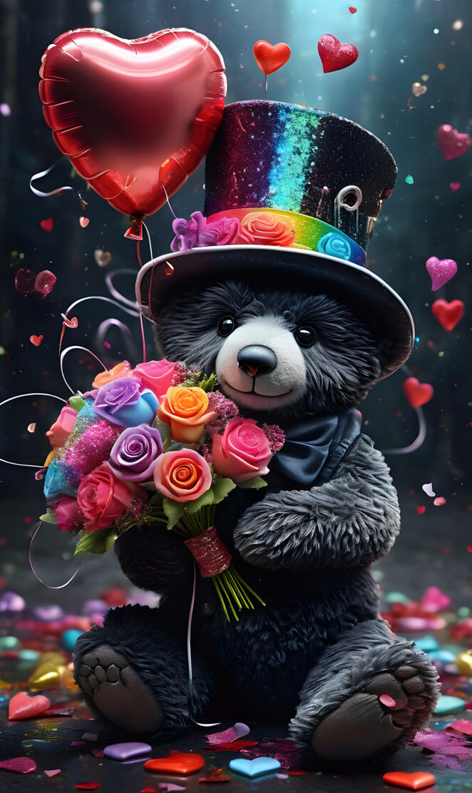 a teddy bear wearing a hat and holding flowers