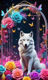 a dog sitting in front of a wall of flowers