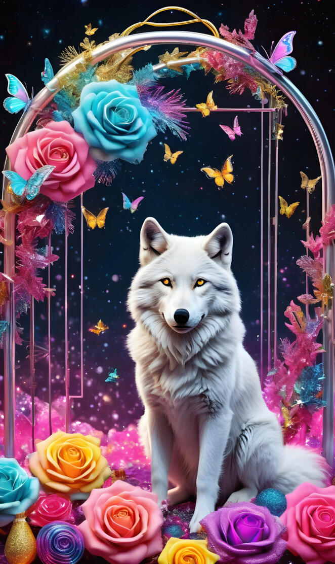 a dog sitting in front of a wall of flowers