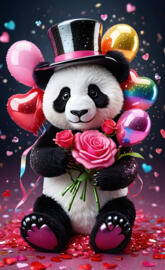 a panda bear wearing a hat and holding a bouquet of flowers