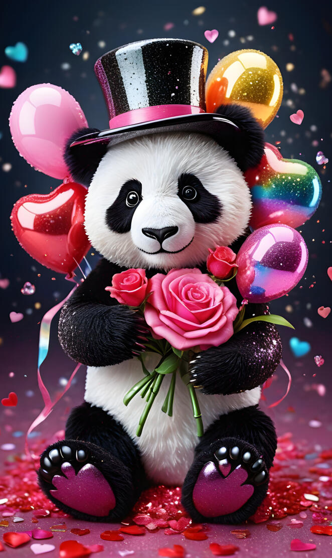 a panda bear wearing a hat and holding a bouquet of flowers