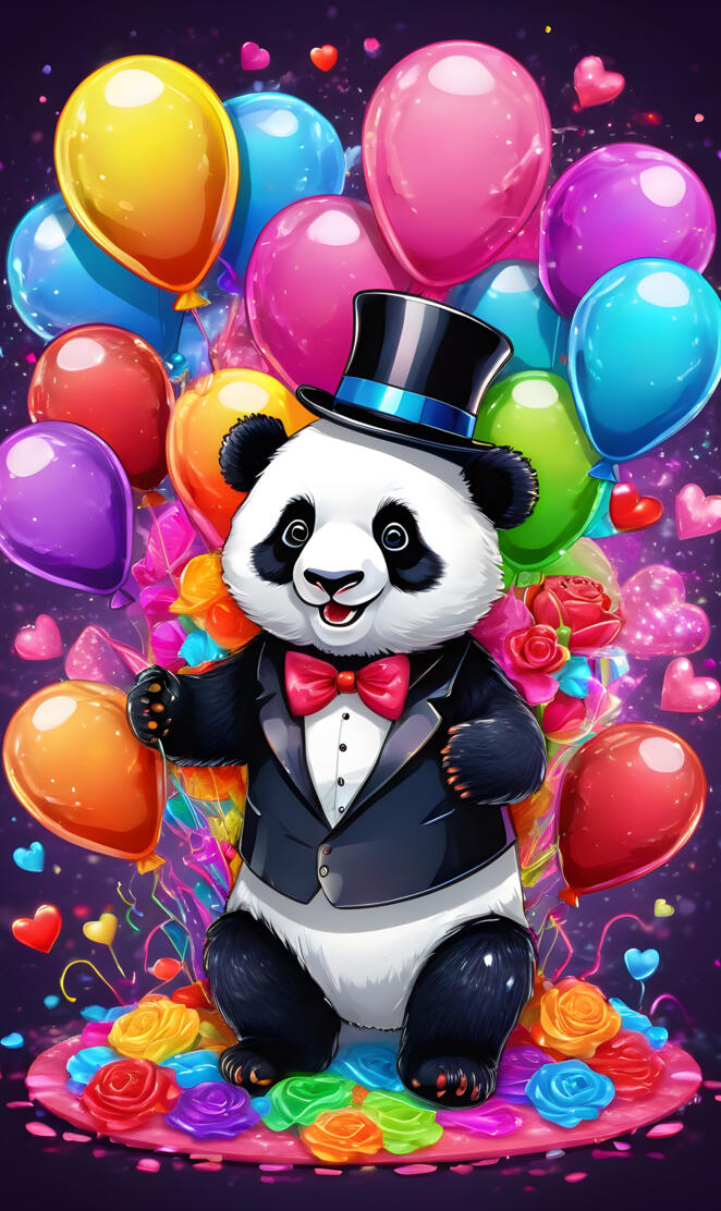 a panda bear with balloons