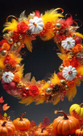 a painting of a pumpkin and flowers