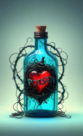 a glass bottle with a blue label