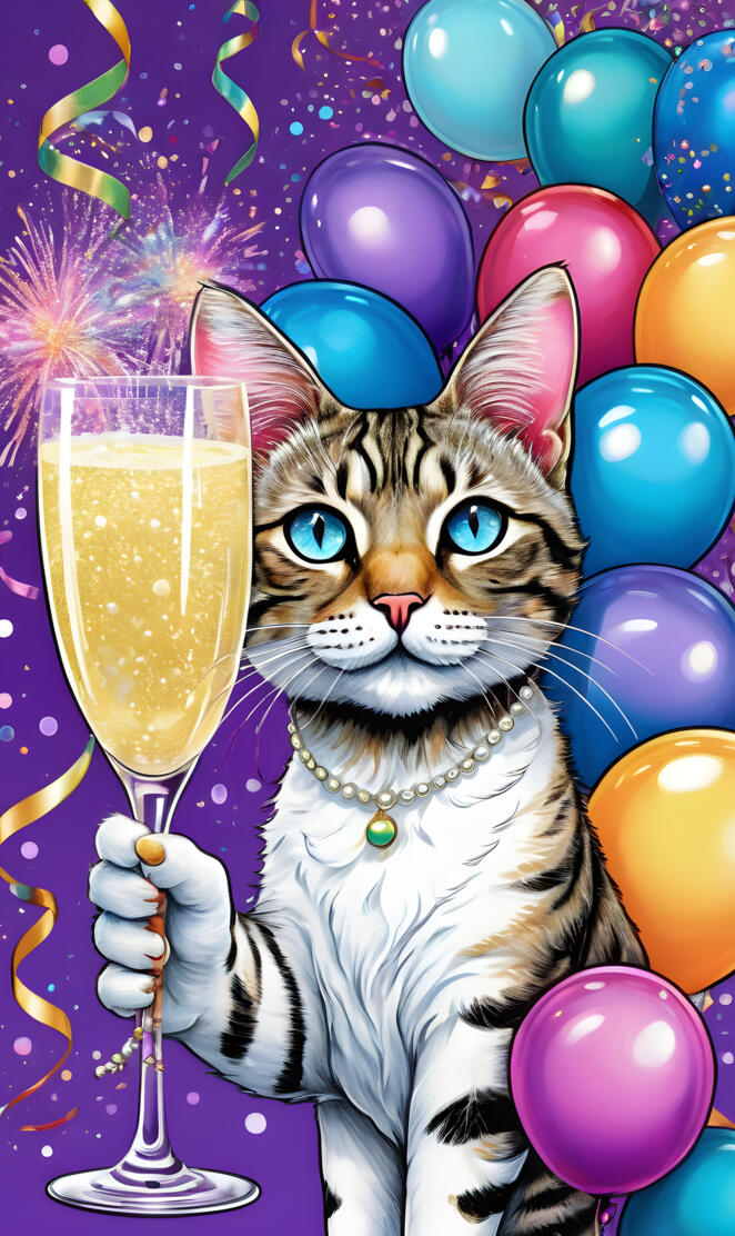 a cat holding a glass of champagne