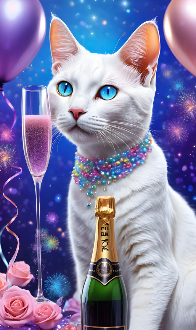 a cat wearing a bow tie and holding a champagne bottle