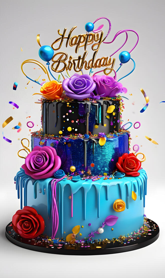 a cake with a blue frosting and decorations