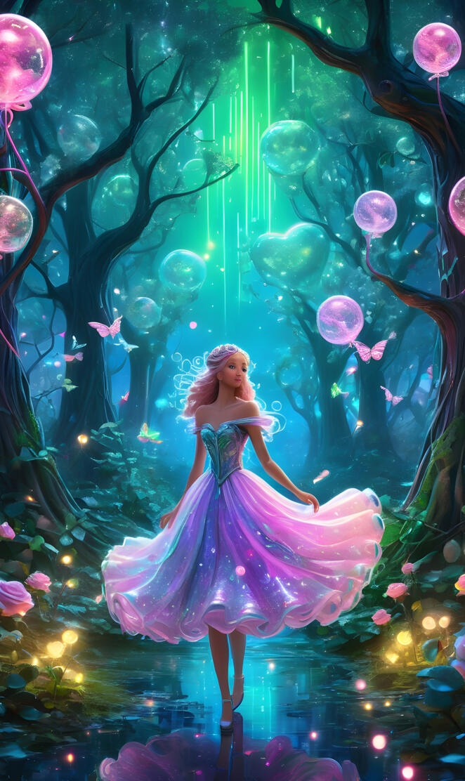 a person in a dress on a stage with balloons