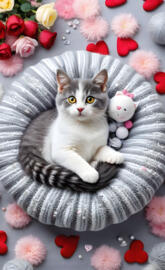 a cat lying on a bed with stuffed animals