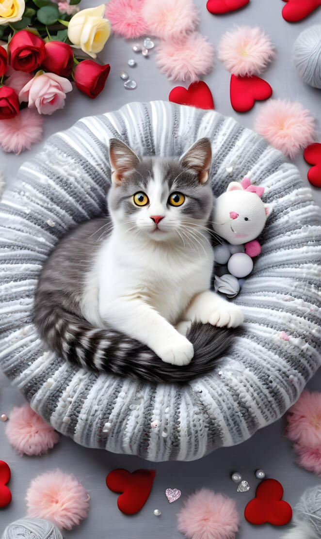 a cat lying on a bed with stuffed animals