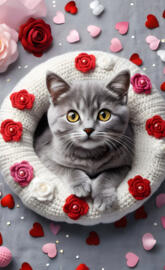 a cat lying on a blanket with flowers