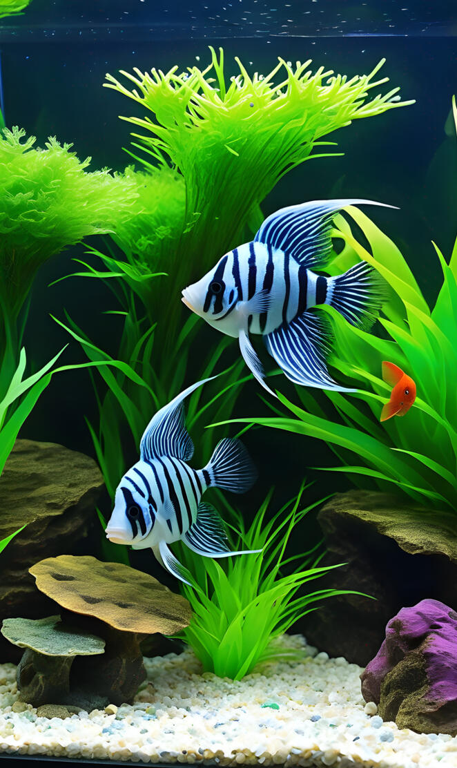 a pair of stunning blue stripped Angel Fish in their glorious aquarium