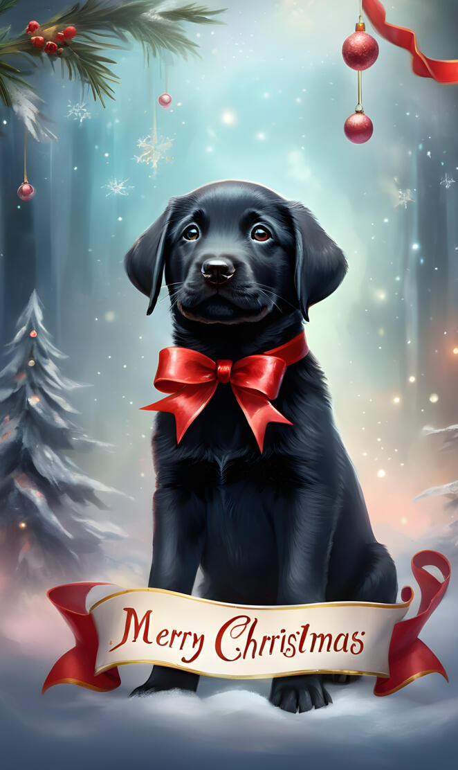 Boomer the black lab pup wishing you a Merry Christmas