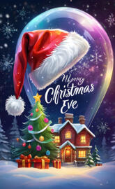 a house with a christmas tree and snow in the background