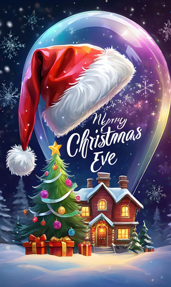 a house with a christmas tree and snow in the background