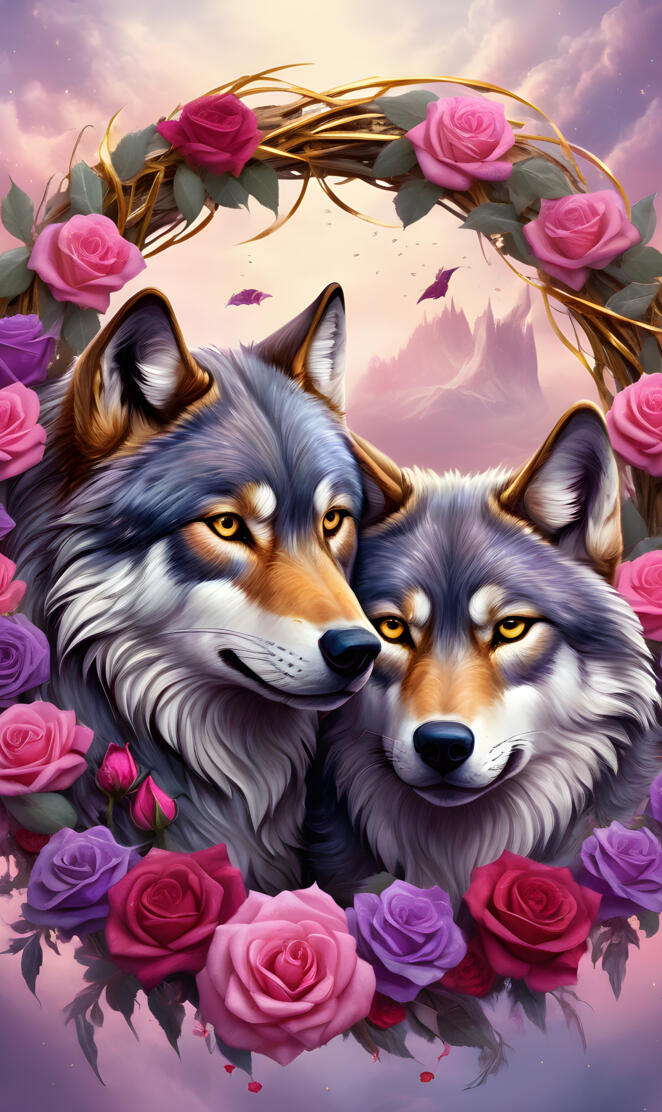 a couple of wolvesin a bouquet of flowers