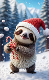 a dog wearing a santa hat and holding a snowball