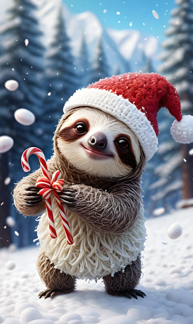 a dog wearing a santa hat and holding a snowball