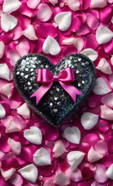 black heart with pink ribbon bow on rose petals