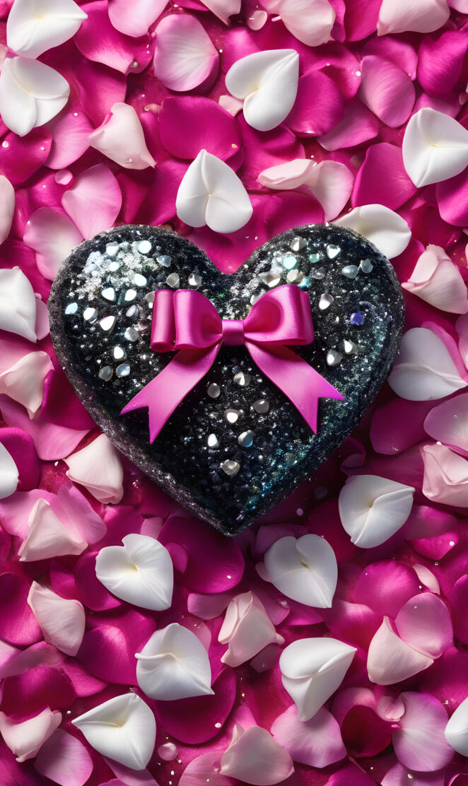 black heart with pink ribbon bow on rose petals