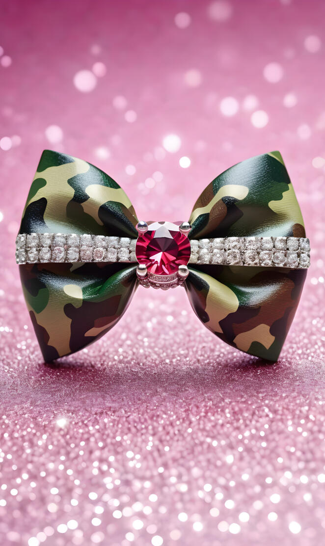 camouflage ribbon bow with pink & white diamonds in the middle